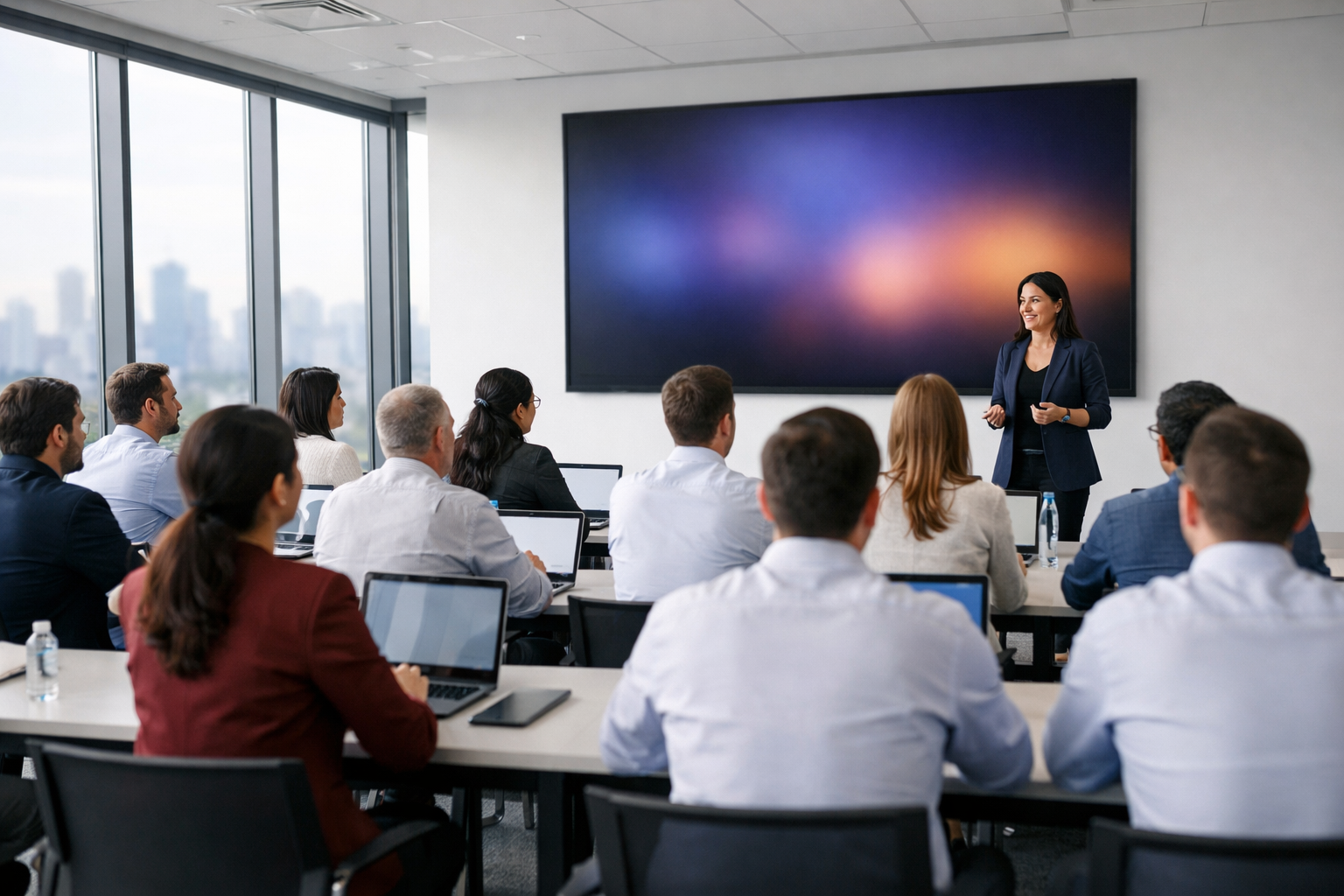 Professioneller KI-Workshop mit Teilnehmern an Laptops und Trainer vor grossem Display